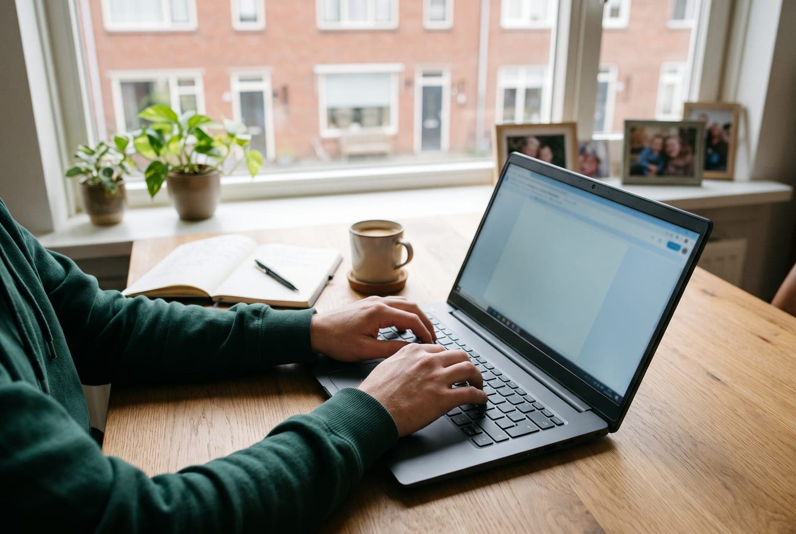 Handen typen een document op een laptop aan een bureau