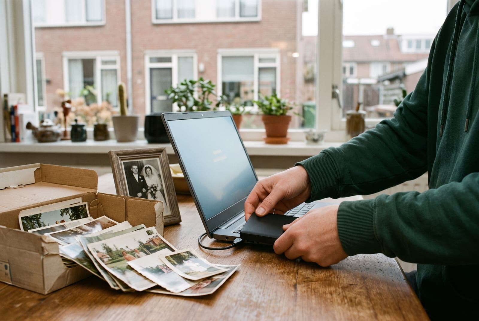 Externe schijf wordt aangesloten naast een doos oude foto's