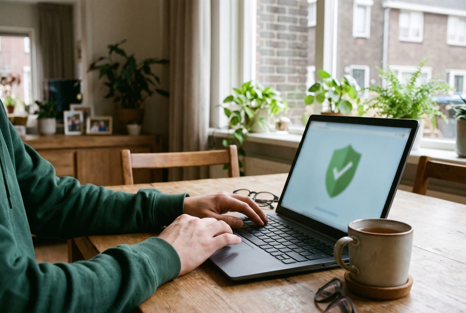 Laptop met een groen schild: de beveiliging is in orde