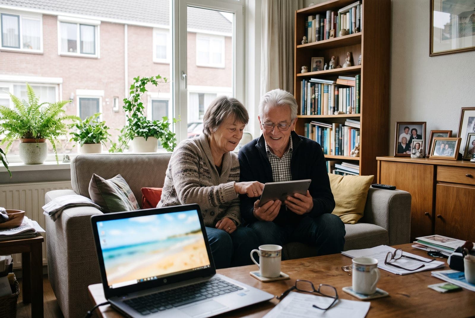 Stel bekijkt dezelfde vakantiefoto op tablet en laptop