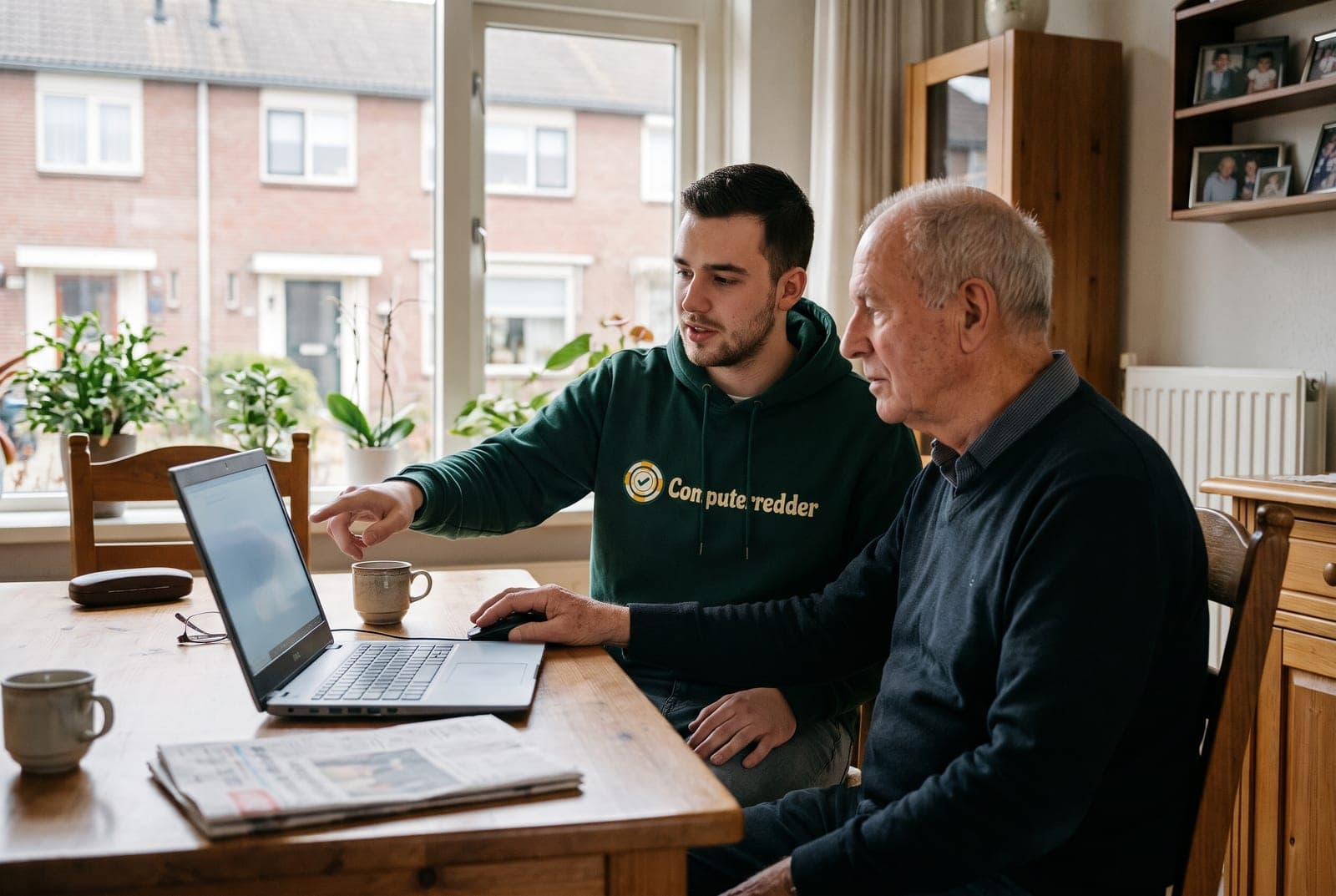 Een van onze studenten wijst een man iets aan op zijn laptop aan de keukentafel