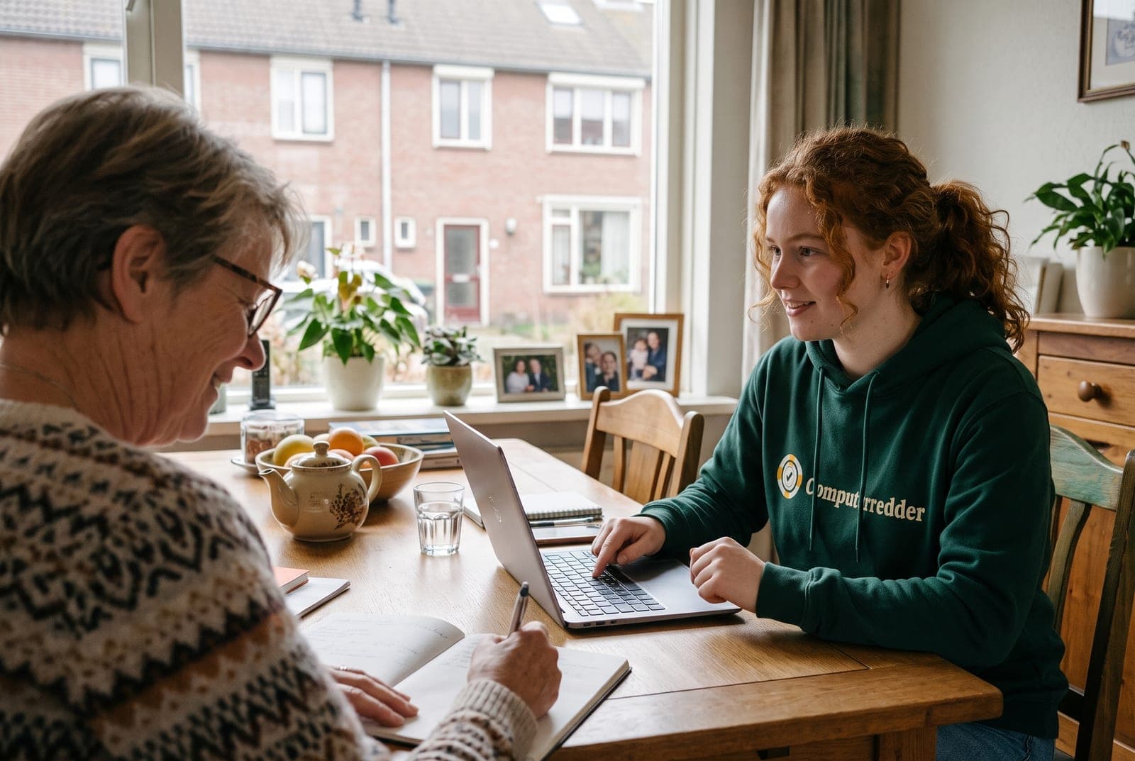 Vrouw maakt aantekeningen terwijl een van onze studenten de laptop uitlegt