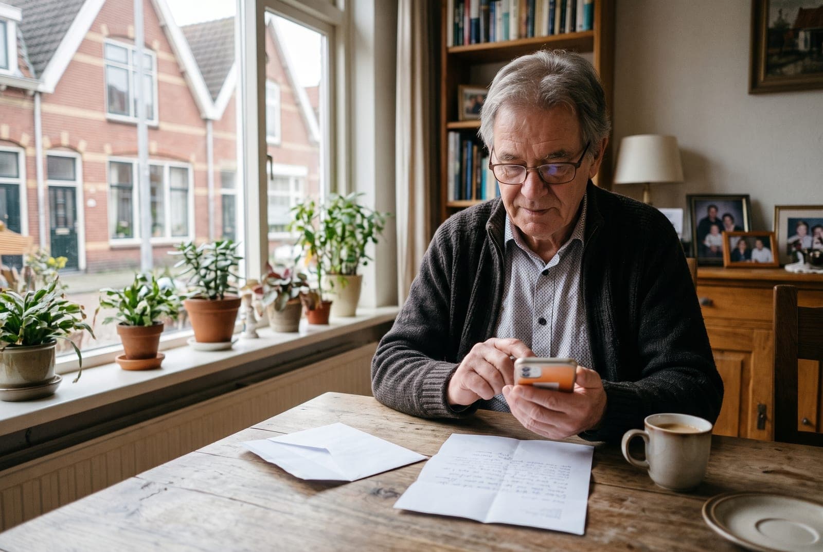 Man met telefoon en brief aan de keukentafel