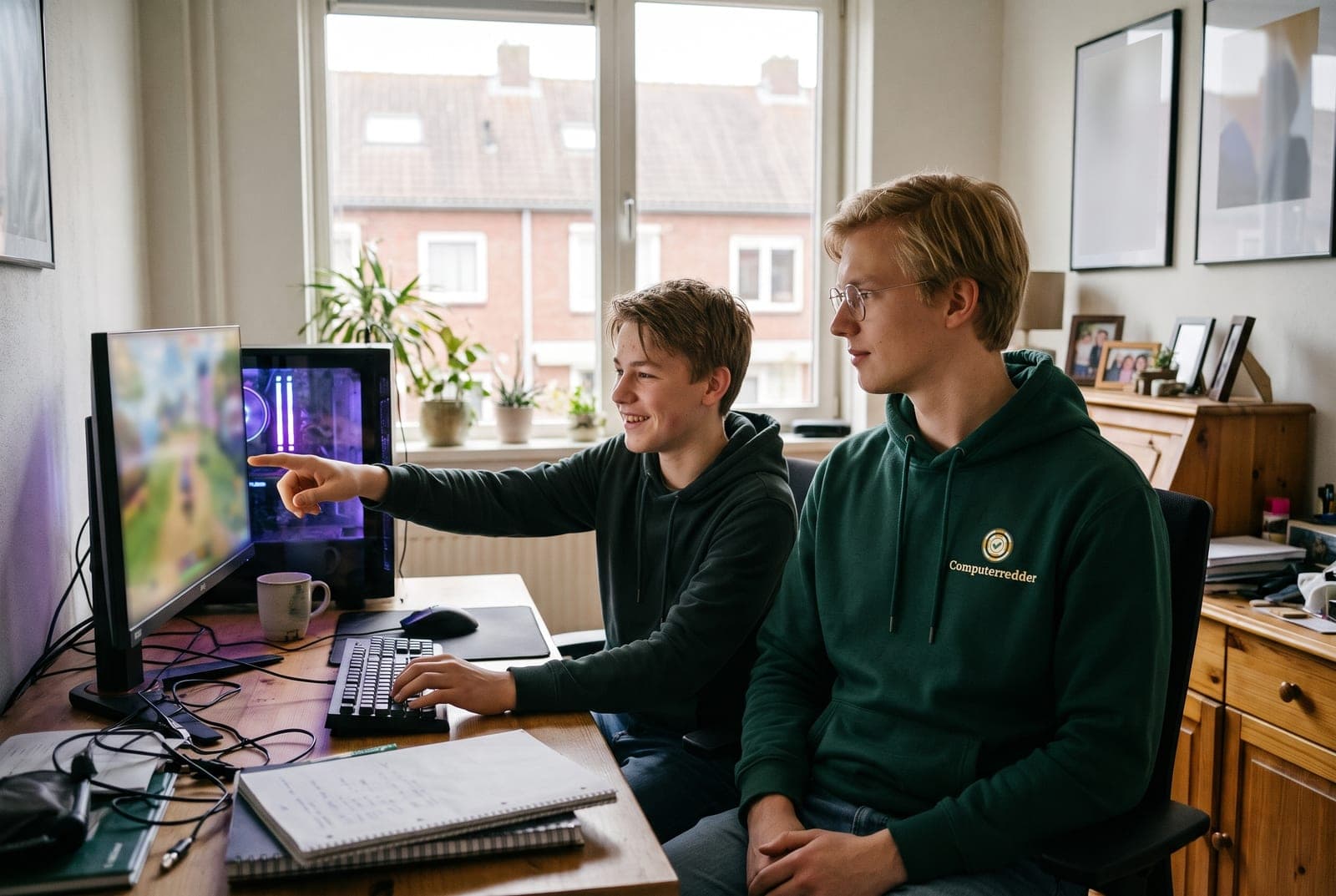 Tiener en een van onze studenten achter een gaming-pc