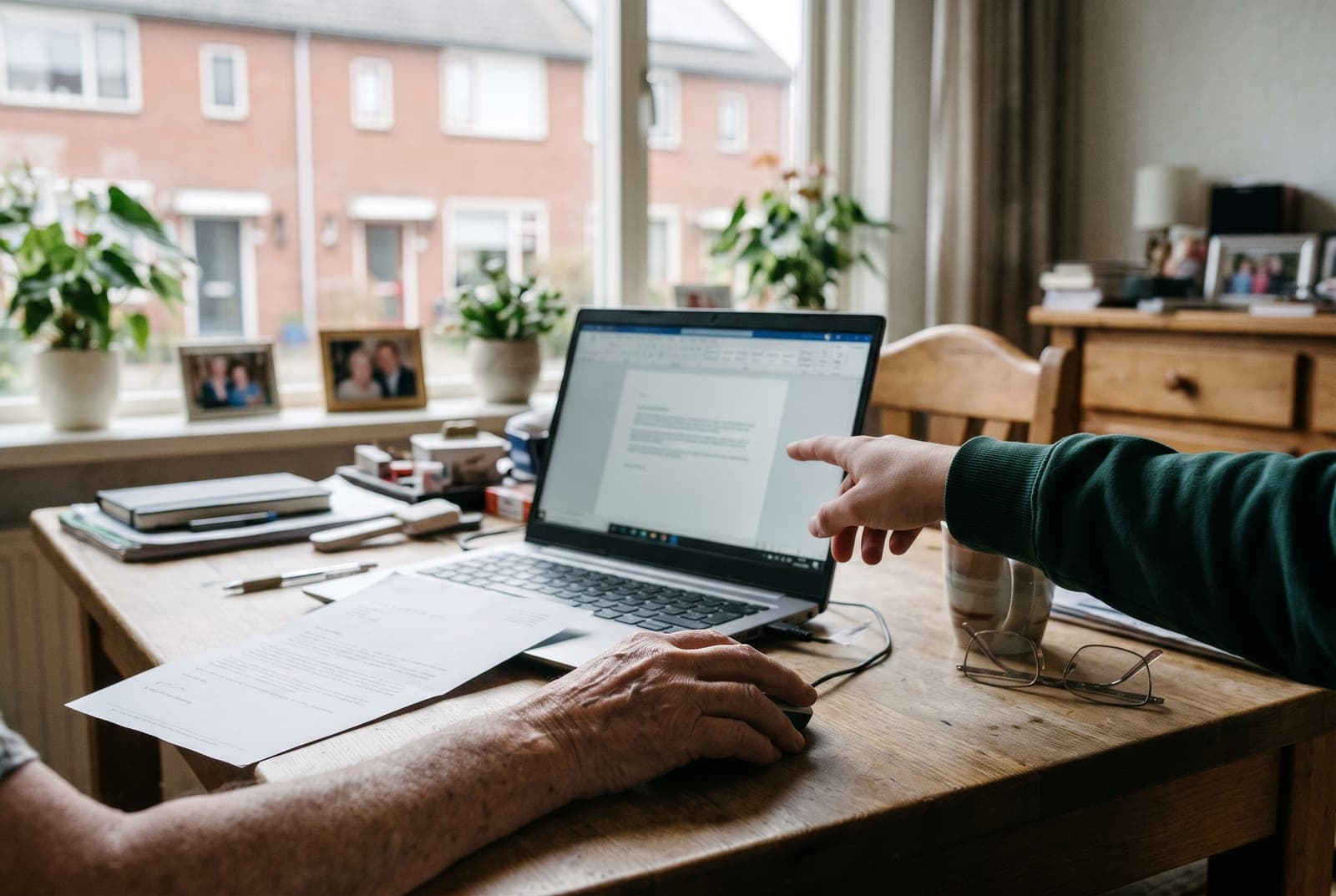 Een hand wijst een regel aan in een brief op de laptop van een klant