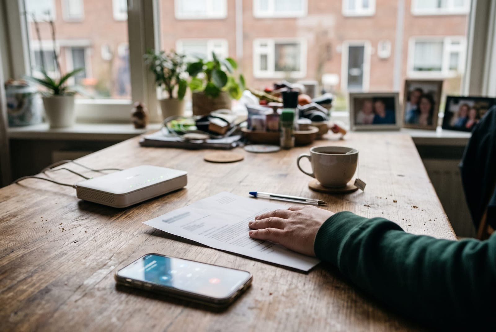 Modem, brief van de provider en telefoon op de keukentafel