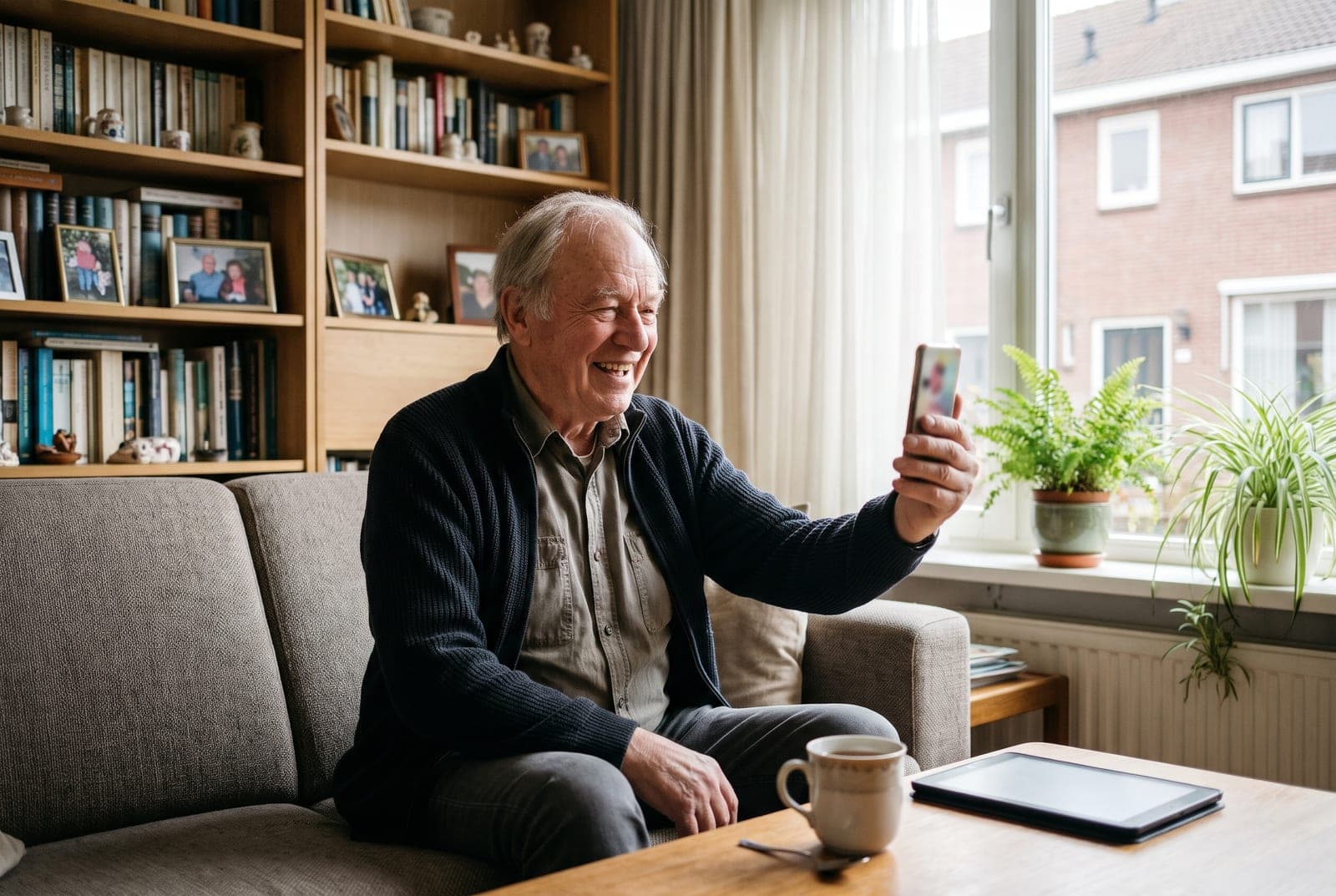 Man videobelt lachend met zijn telefoon op de bank