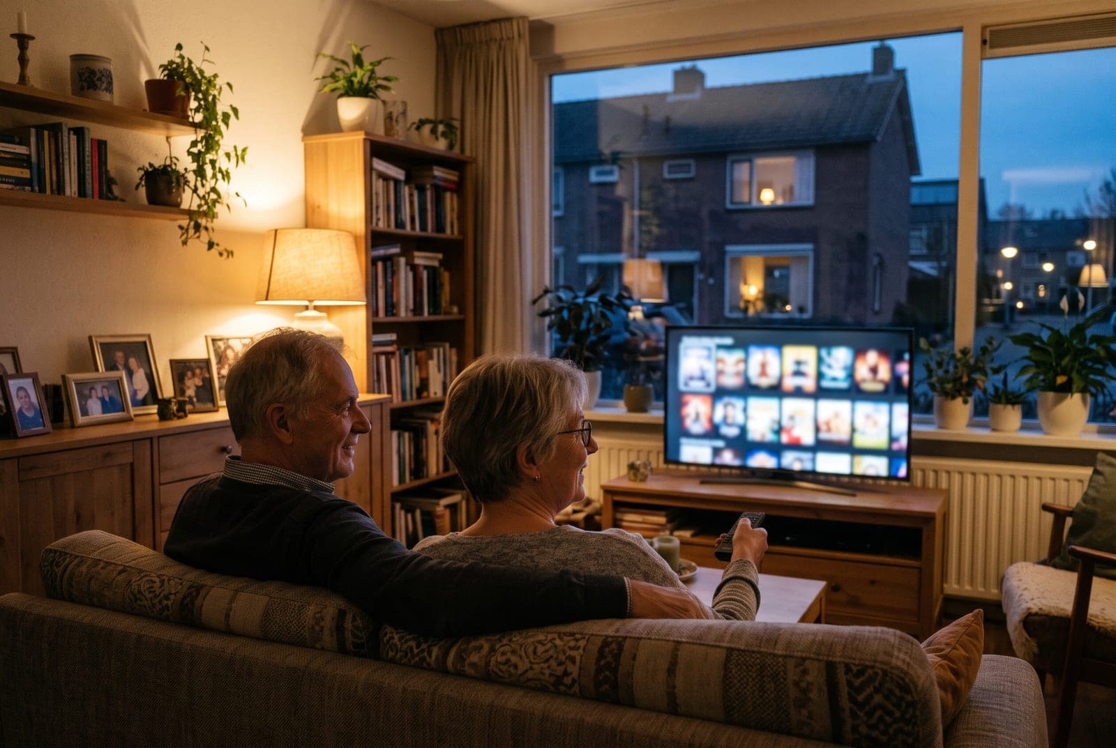 Stel kiest op de bank een film op de tv