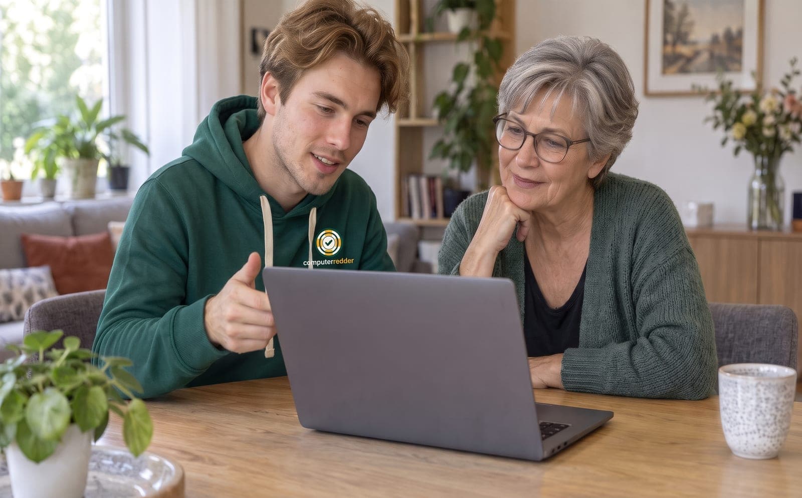 Een van onze studenten en een klant lachen samen om iets op de laptop aan de keukentafel