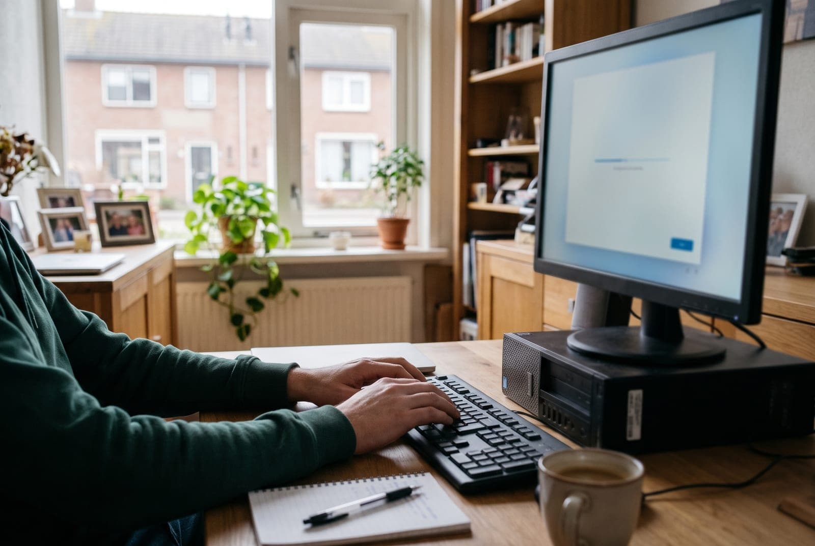Bureau met een computer die een update installeert