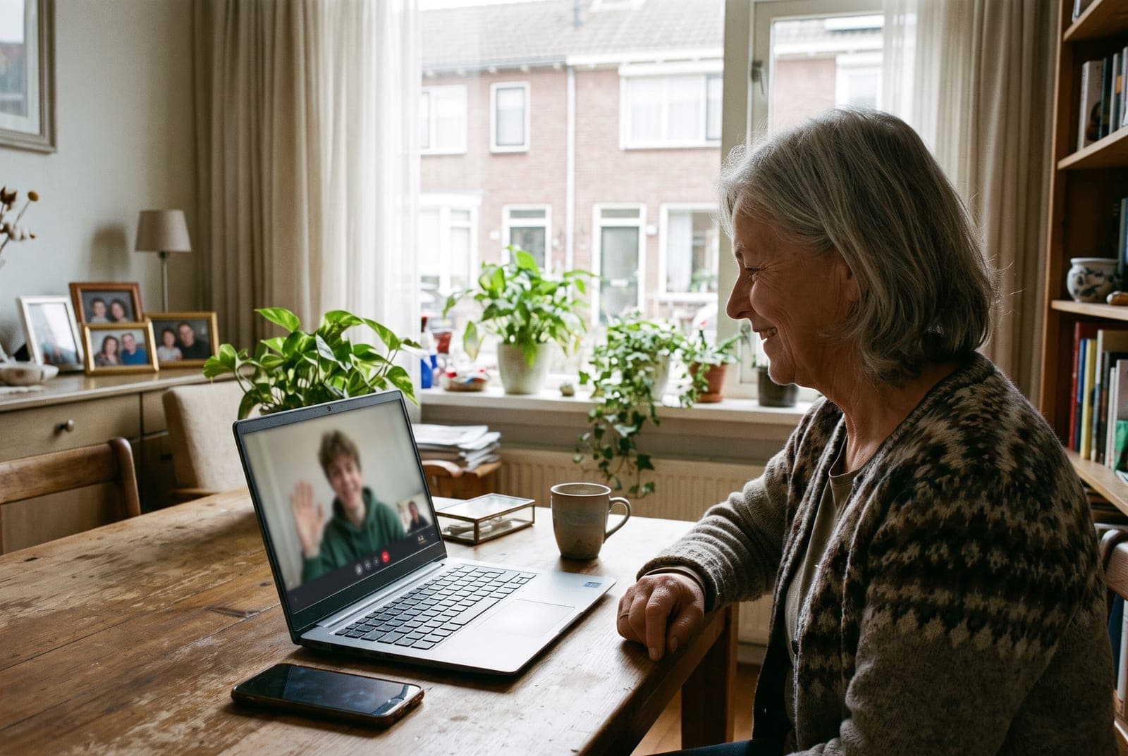 Vrouw videobelt aan de keukentafel met een van onze studenten