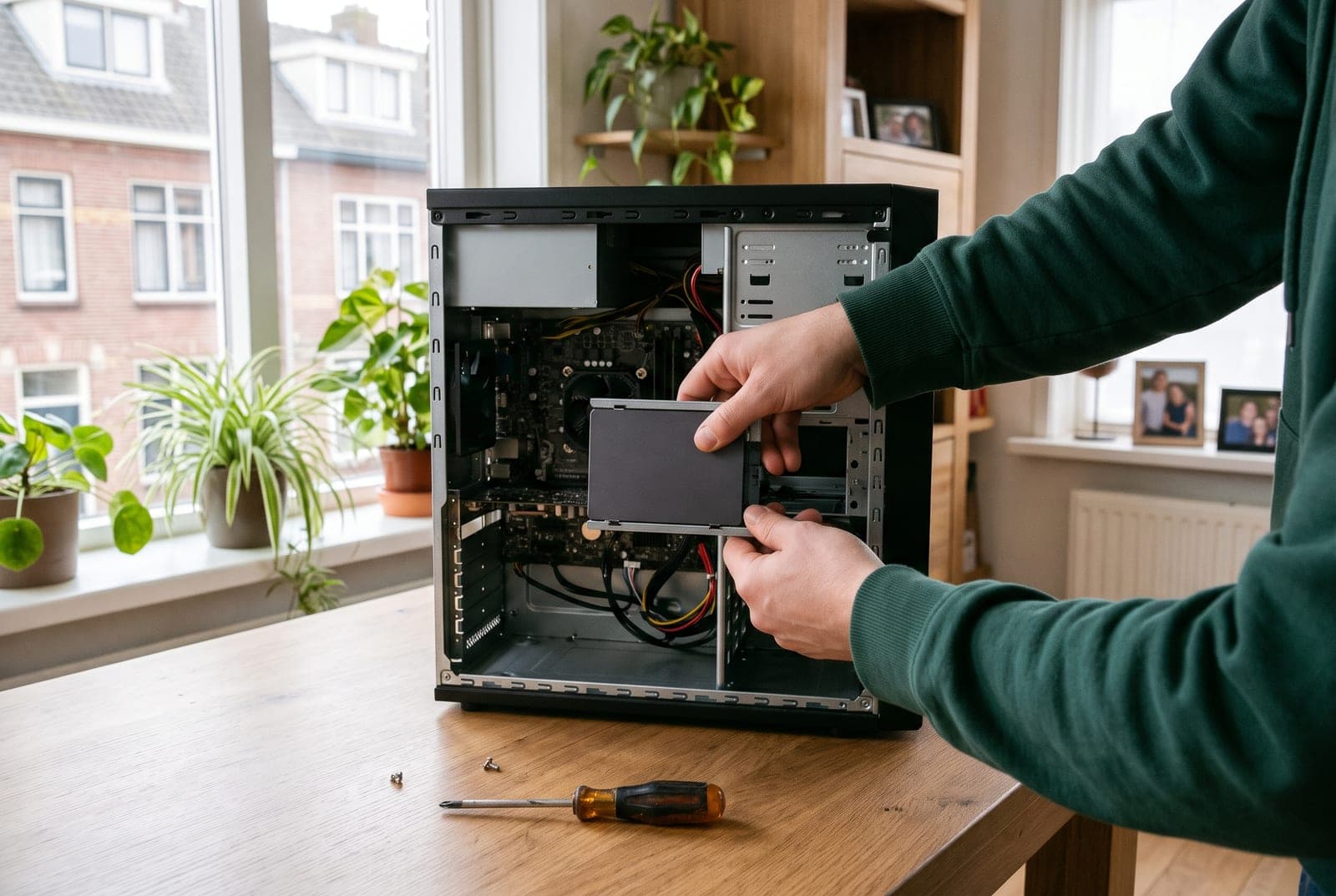 Een snelle SSD wordt in een computerkast geplaatst