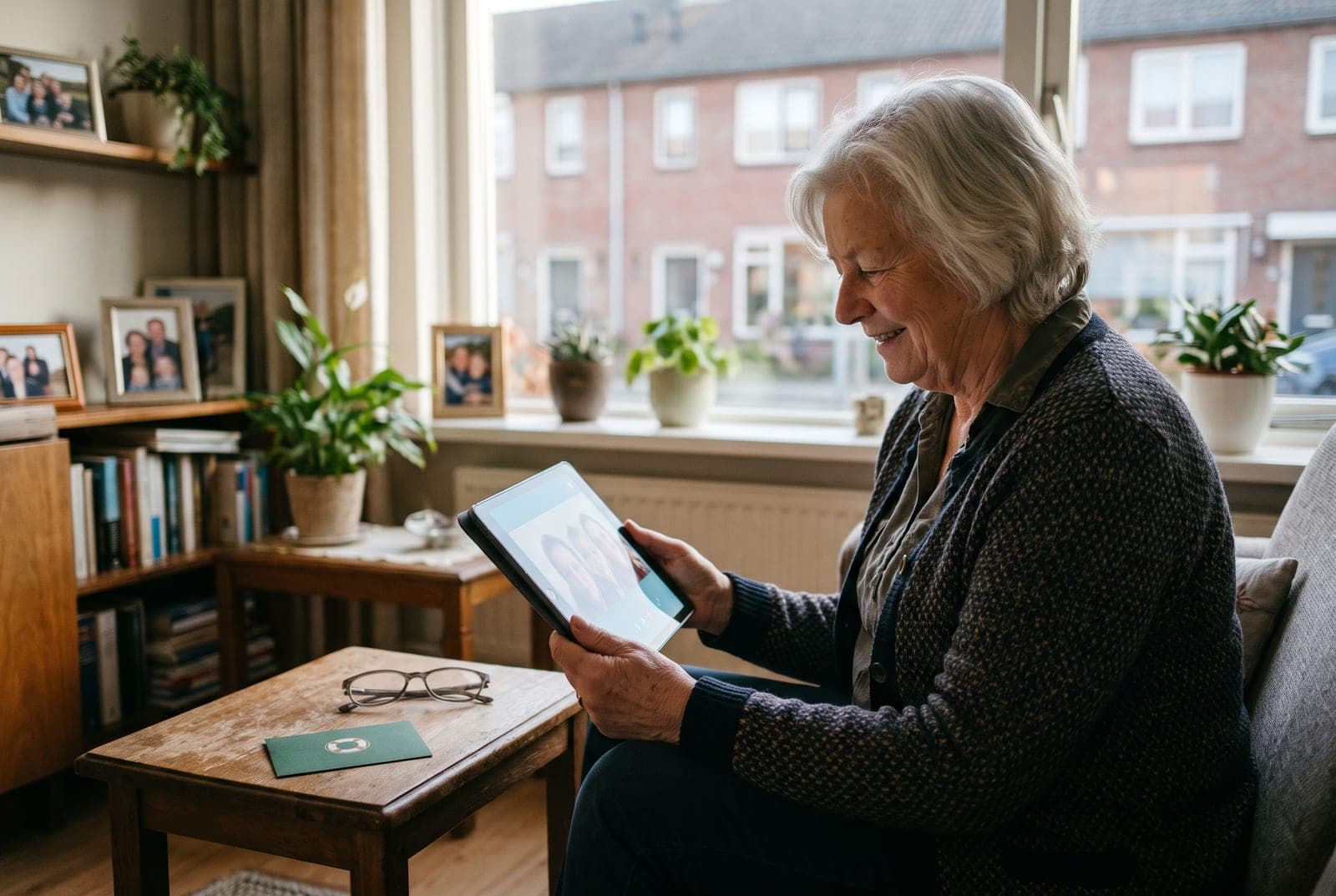 Vrouw videobelt ontspannen met haar tablet in haar stoel